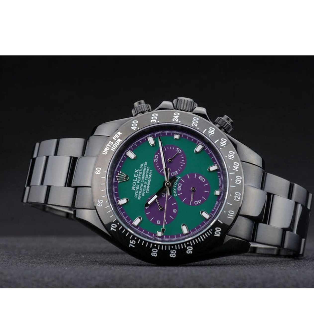 Aaa replica watch Black Strap Daytona Tachymeter Stainless Ion Green Black Steel Dial 80246 Plated Rolex 0801